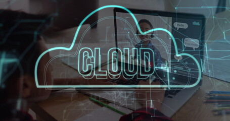 Connecting schoolboys learning online at home desk, with laptop, headset and colored pencils