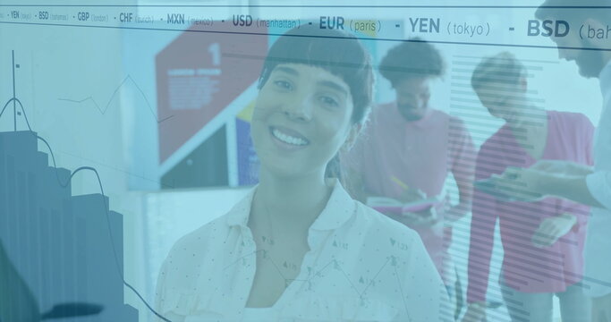 Presenting smiling woman in white blouse leading meeting at office, with tablet and chart overlays