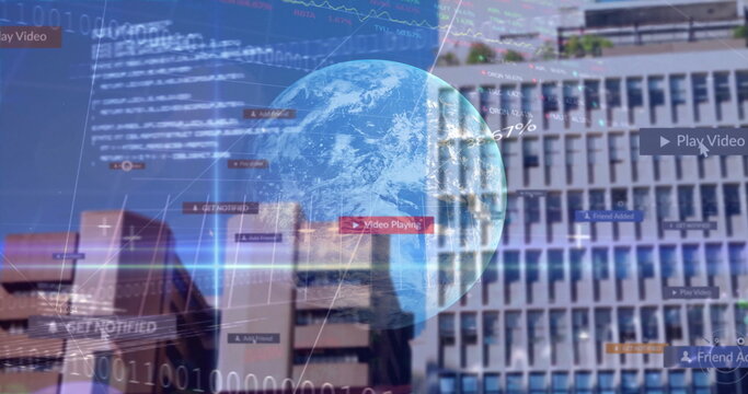 Naklejki Displaying translucent 3D earth globe overlaying urban skyline, with binary streams and UI widgets