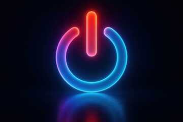 Glowing translucent power symbol with red and blue neon light on dark background on off start