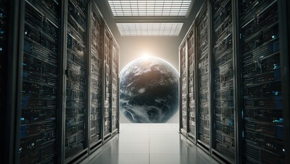 Futuristic server room with Earth