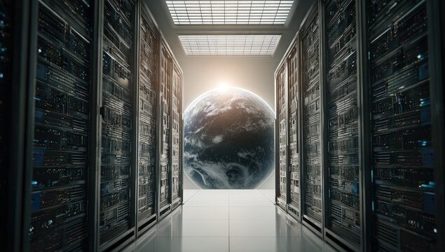 Futuristic server room with Earth