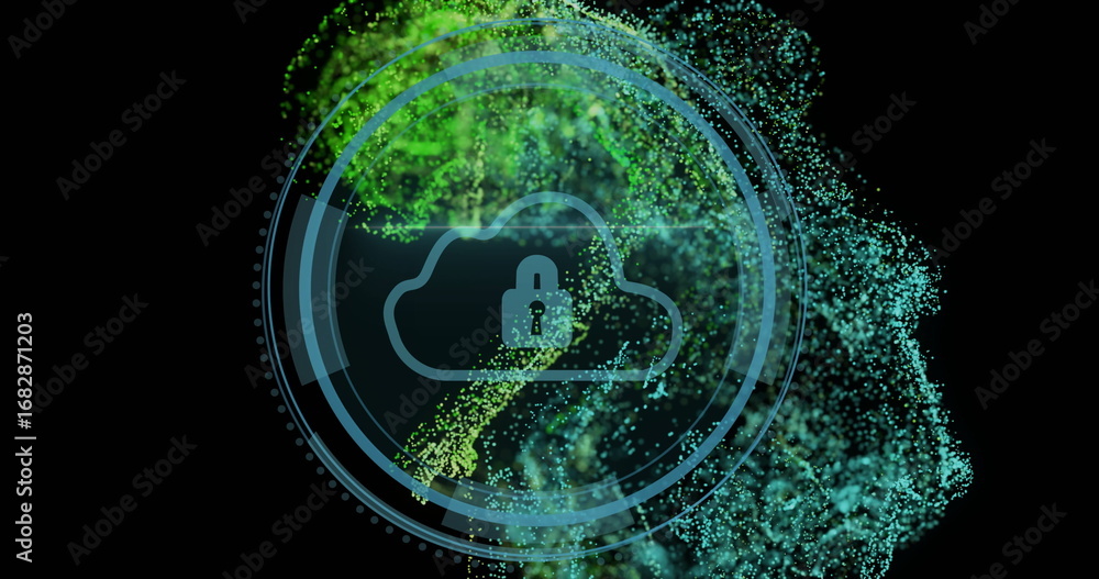 Aufkleber animating cloud icon with padlock within concentric circles in void, emitting green teal particles