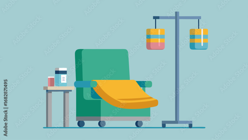 Poster a cartoonish image of a chair with a red blanket on it and a medical device with two orange bottles 