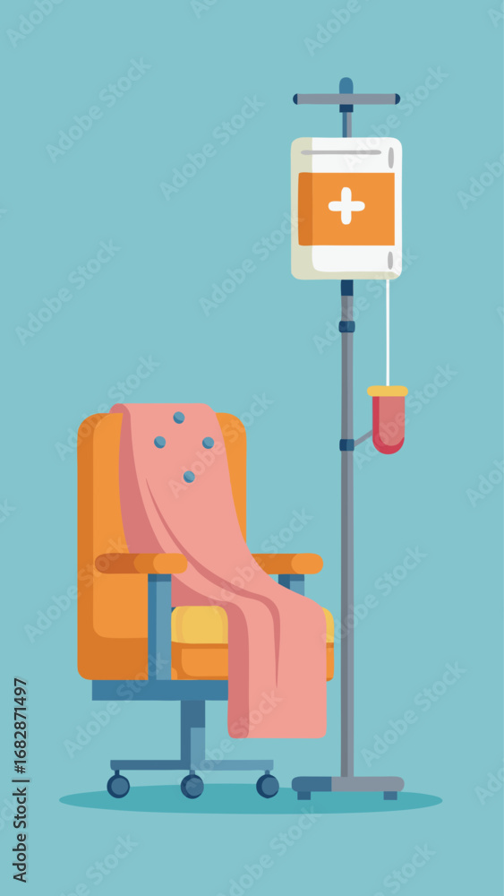 Poster a cartoonish image of a chair with a red blanket on it and a medical device with two orange bottles 