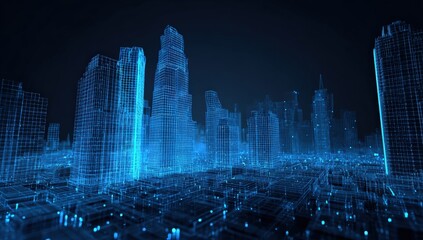 Obraz premium Futuristic city skyline rendered as glowing blue wireframe
