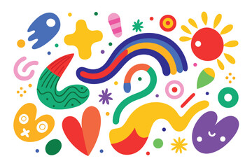 Playful Colorful Doodle Art with Rainbow, Heart, and Geometric Shapes on White Background