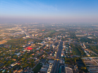 Obraz premium Aerial view of wat samphran, pink buddhist temple with dragon, thailand landscape