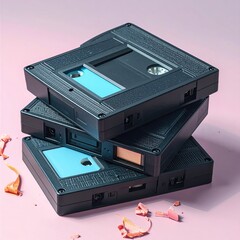 Obraz premium Stacked retro black miniDV tapes on a pink backdrop, scattered with broken pieces of clay. Nostalgic, vintage, obsolete technology