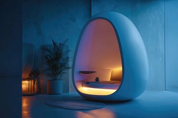 Futuristic personal meditation pod with soft interior lighting, calm ambient space, minimal modern design