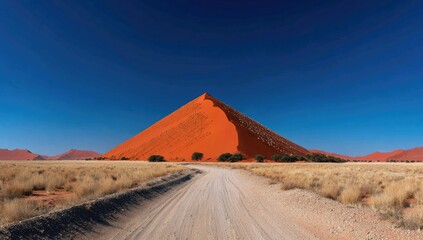 Vast red sand pyramid dominates a desert landscape.  A dirt road leads towards the foreground