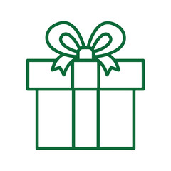 Simple green outline gift box with a decorative bow on top.