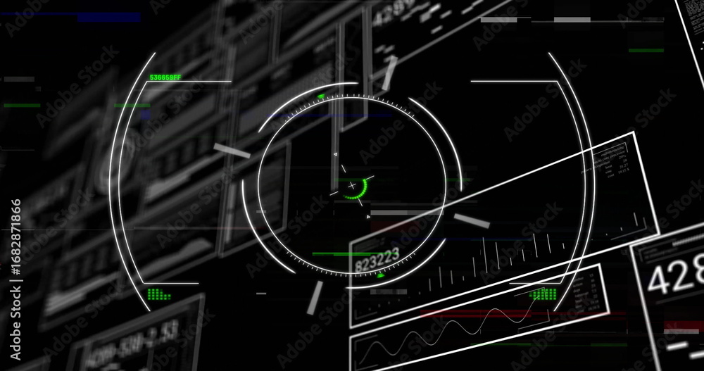 Aufkleber displaying central circular reticle and crosshair on virtual interface, with angled data panels