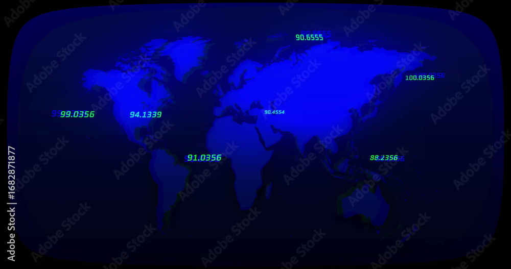 Aufkleber displaying blue world map on curved digital screen at data panel, with floating green metrics