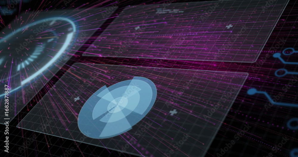 Poster displaying blue circular hologram floating over grid floor, with magenta streams and circuit icons