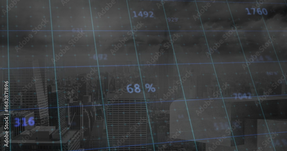 Aufkleber displaying skyscrapers showing digital grid overlay from office window, with numerical labels
