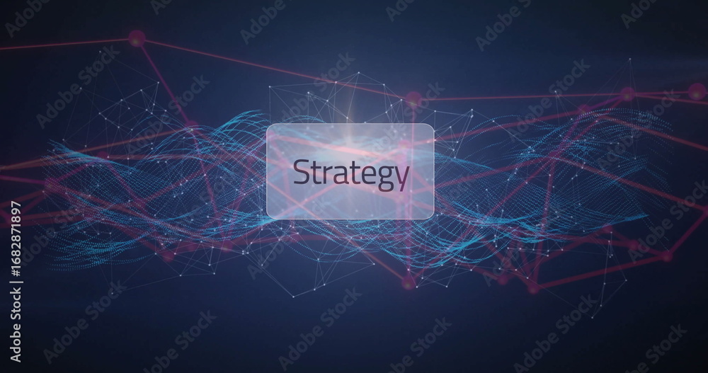 Poster displaying translucent panel highlighting strategy in digital network, with glowing nodes and lines