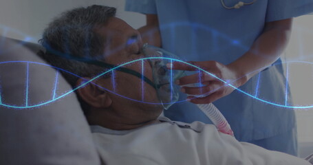 Nurse in blue scrubs adjusting oxygen mask on senior patient in hospital room, with DNA helix