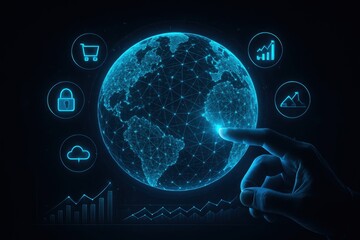 Hand touching glowing blue digital earth with technology icons and graphs globe