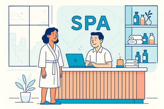 Woman in robe at spa reception desk speaking with receptionist, modern spa interior with soft light and relaxing background. Ai generative. Ai generative