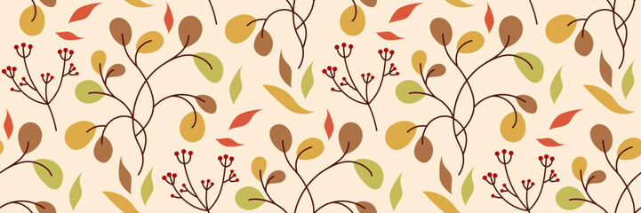 Autumn seamless pattern with branches, berries and leaves in warm tones. Fall decorative background. Perfect for textiles, wrapping paper, wallpapers and seasonal design. Flat vector illustration.