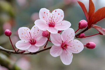 Pink cherry blossom flowers blooming on branch in spring