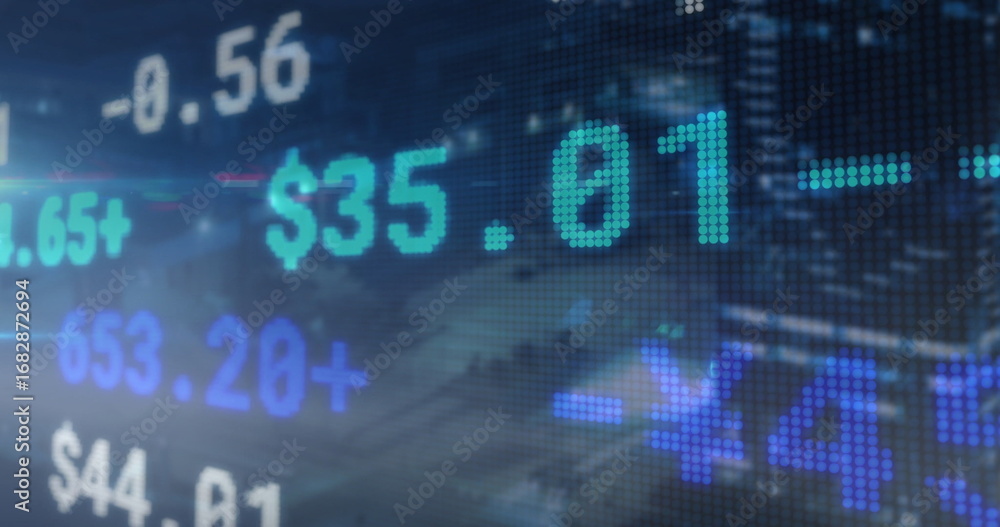 Poster displaying pixelated numbers on trading screen with led ticker, dollar sign, plus-minus symbols