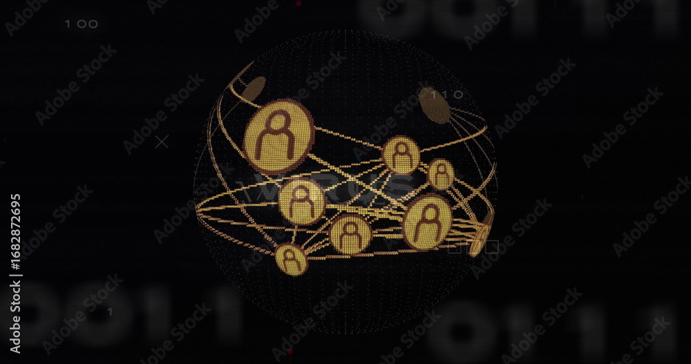 Leinwandbilder rotating wireframe globe linking gold user icons with curved lines in network showing binary digits