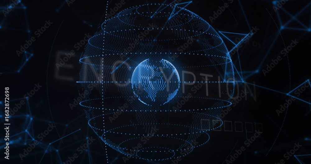 Fototapete displaying wireframe globe inside dotted sphere in dark cyberspace, with encryption text and nodes