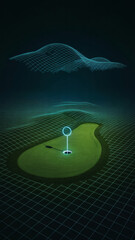 Isometric wireframe folding into vibrant fairway and green; neon-blue glow, central hole marker, dark gradient depth, faint cloud, no people, text, or logos.