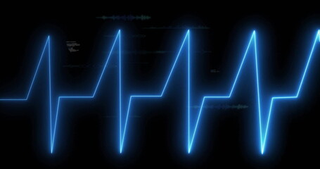 Displaying neon-blue ECG waveform running horizontally across digital monitor interface, heartbeat