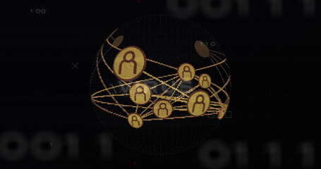 Rotating wireframe globe linking gold user icons with curved lines in network showing binary digits