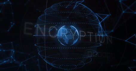 Displaying wireframe globe inside dotted sphere in dark cyberspace, with encryption text and nodes