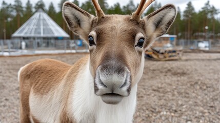 Reindeer close-up in a natural habitat setting during daylight in a northern region with greenery and clear sky
