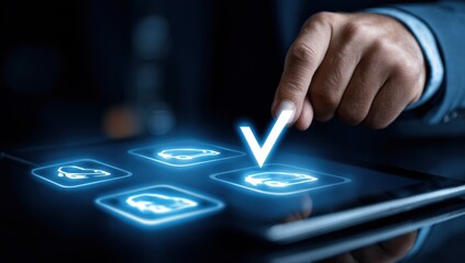 Businessperson using a tablet to select an approval or confirmation