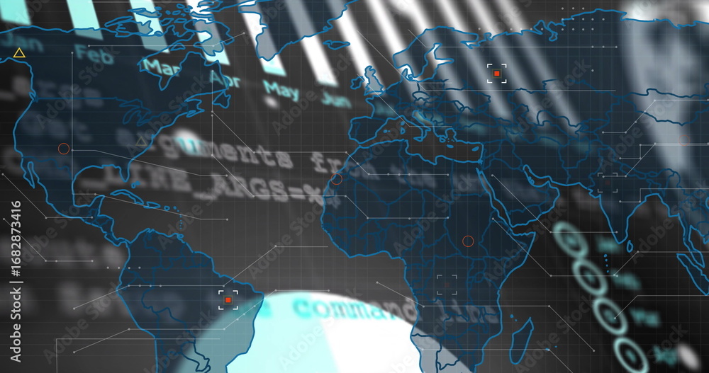 Poster displaying holographic blue map overlay hovering on dashboard, with red markers and glowing sphere