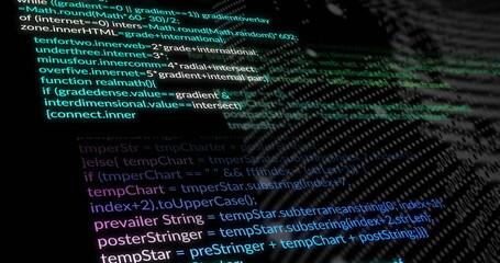 Rendering glowing code layers green and blue receding into dark virtual space, with syntax elements