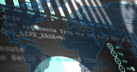 Displaying holographic blue map overlay hovering on dashboard, with red markers and glowing sphere