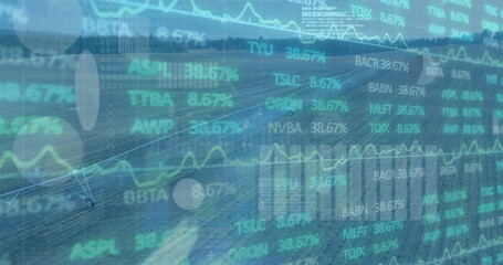 Displaying aerial center pivot irrigation covering farmland crop rows, with financial graphics