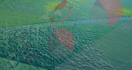 Showing top-down farmland revealing tree canopy, crop rows and dirt track, with geospatial overlay