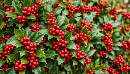 Obraz premium A lush backdrop of vibrant green hollies with bright red berries and prickly leaves, perfect for Christmas designs, nature, asset