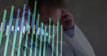 Doctor wearing lab coat adjusting mask straps in clinic, with overlaid candlestick and line graphs