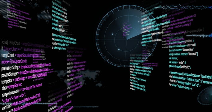 Displaying circular radar overlay scanning digital interface, with code streams and map, copy space