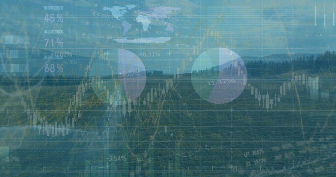 Displaying field featuring chart and map overlays of candlestick, line and pie charts