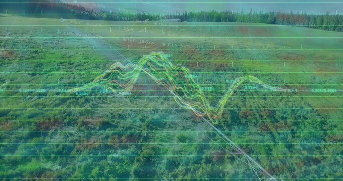 Displaying multicolored telemetry graph overlay covering aerial green landscape, with gridlines