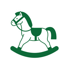 A simple green rocking horse toy icon on a white background.