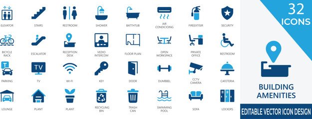 A clean and modern filled icon set featuring 32 essential building amenities such as elevators, restrooms, security, and more. Perfect for real estate, architecture, UI or UX, and signage projects.