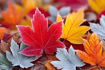 Colorful frosted maple leaves creating a beautiful autumn background