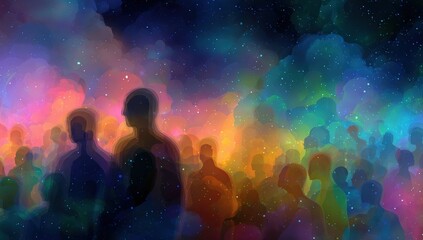 A vibrant abstract crowd in a starry cosmos