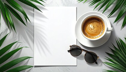 Clean white sheet surrounded by tropical fronds, coffee, and sunglasses on a concrete surface, offering a sunny, relaxed, and refreshing vibe